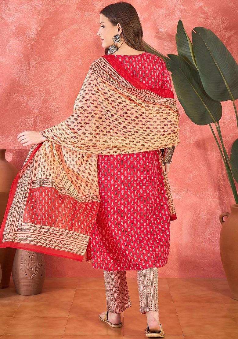 Pink Printed Blended Kurta Set - Indya