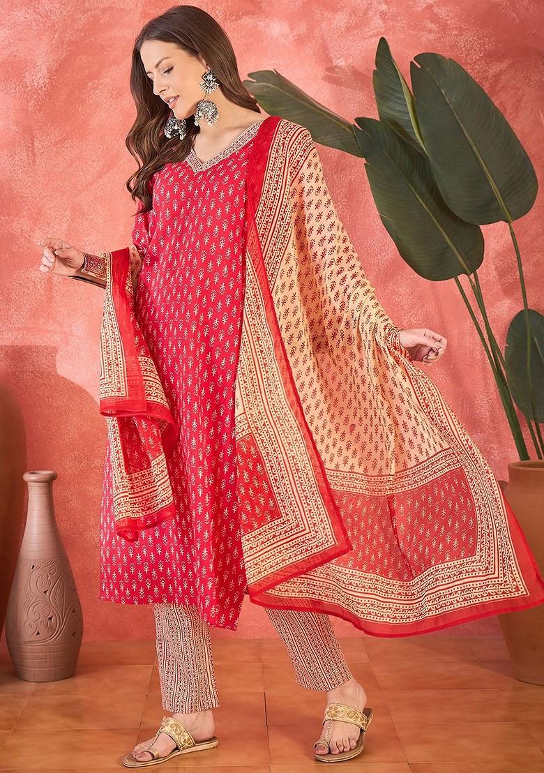 Pink Printed Blended Kurta Set - Indya