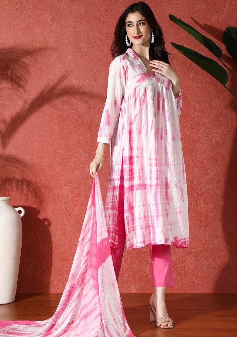 Pink Embroidered Blended Kurta Set - Indya