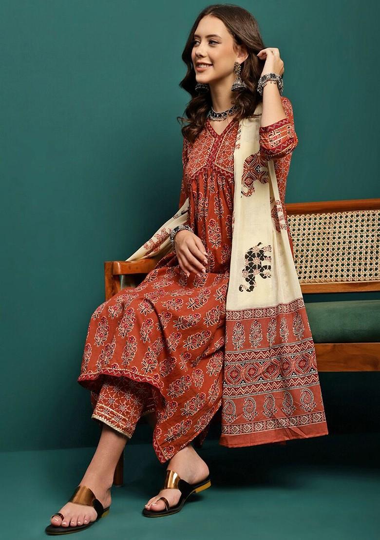 Brown Embroidered Blended Kurta Set - Indya