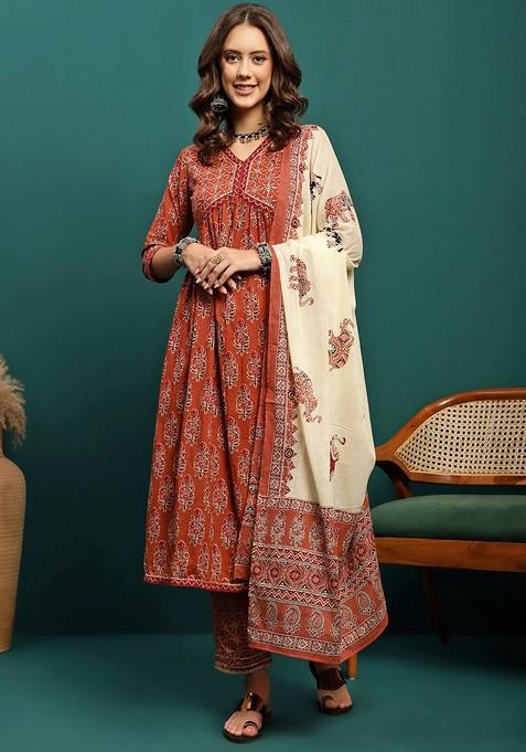 Brown Embroidered Blended Kurta Set