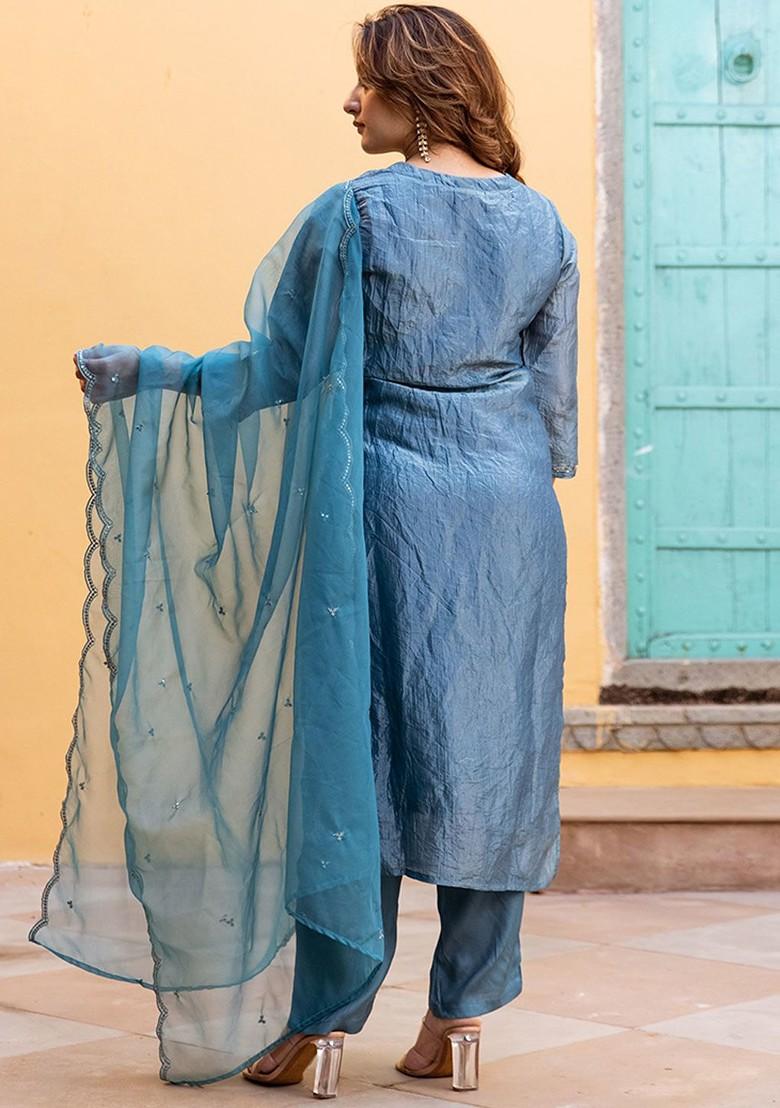 Teal Sequinned Blended Kurta Set - Indya