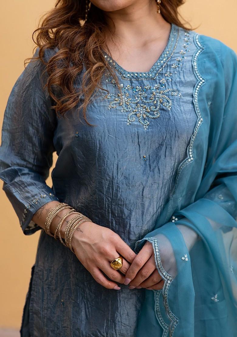 Teal Sequinned Blended Kurta Set - Indya