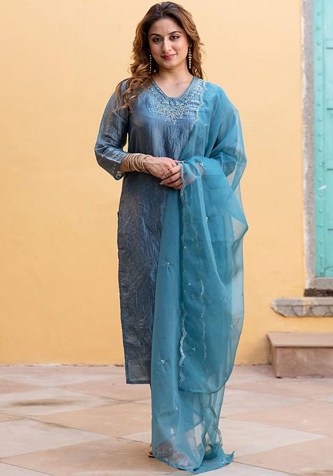 Teal Sequinned Blended Kurta Set