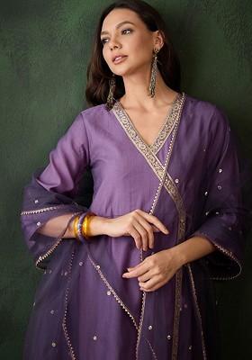 Purple Embroidered Blended Kurta Set