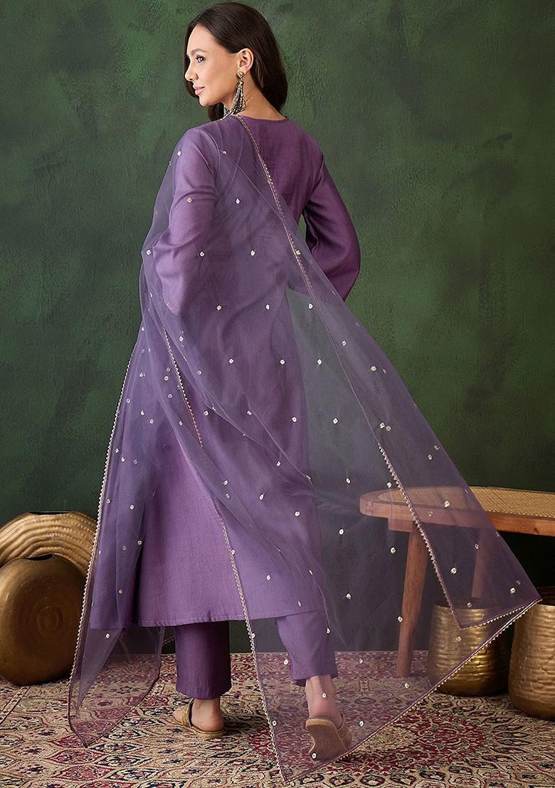 Purple Embroidered Blended Kurta Set - Indya