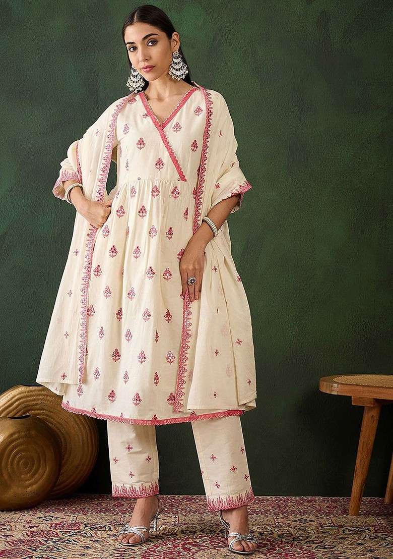 Off White Embroidered Blended Kurta Set - Indya