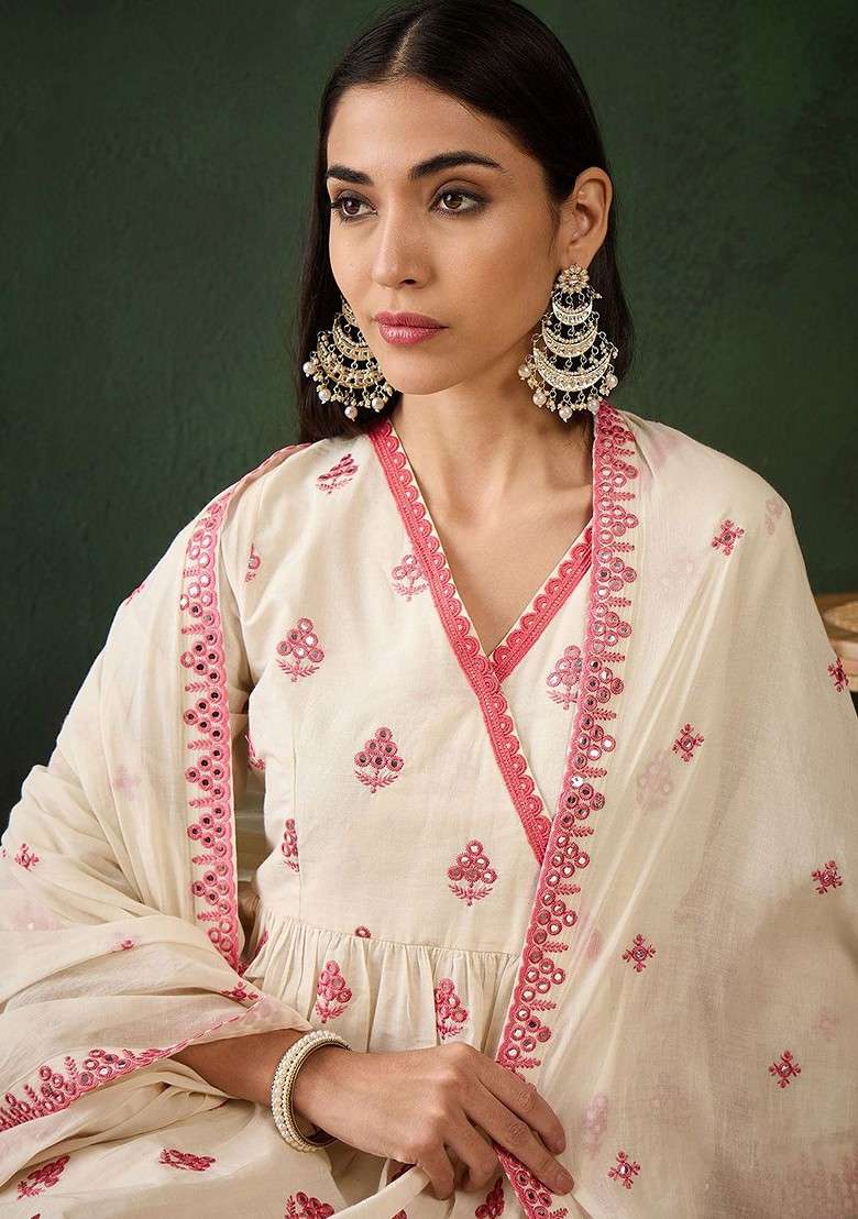 Off White Embroidered Blended Kurta Set - Indya