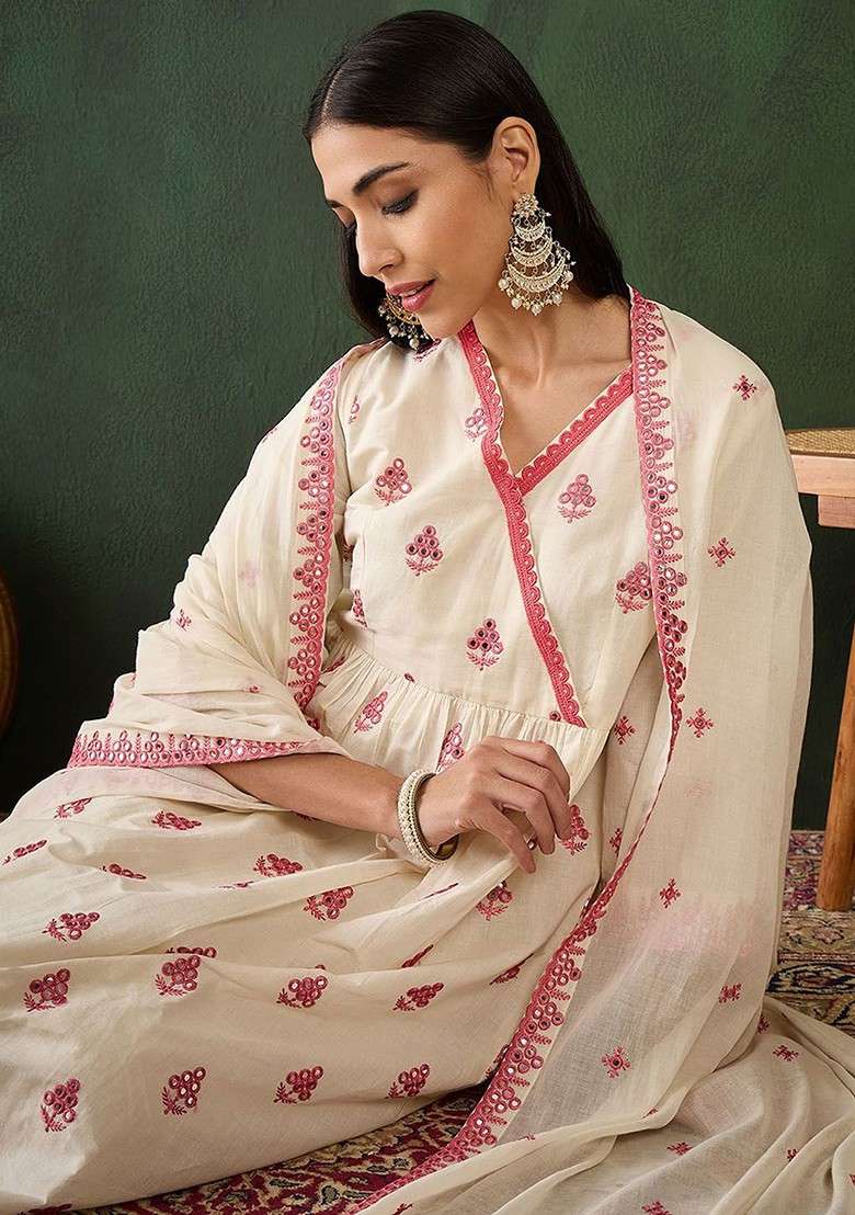 Off White Embroidered Blended Kurta Set - Indya