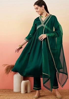Green Embroidered Blended Kurta Set
