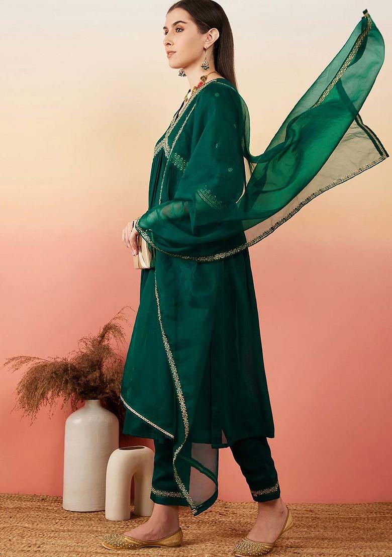 Green Embroidered Blended Kurta Set - Indya