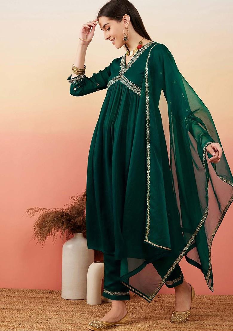 Green Embroidered Blended Kurta Set - Indya