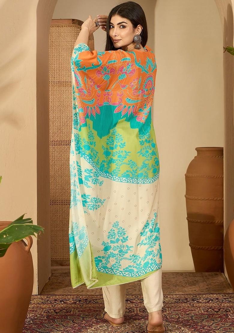 Beige Printed Blended Kurta Set - Indya