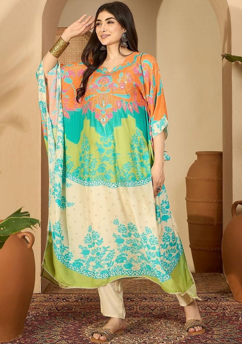 Beige Printed Blended Kurta Set - Indya