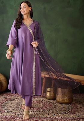 Purple Embroidered Blended Kurta Set