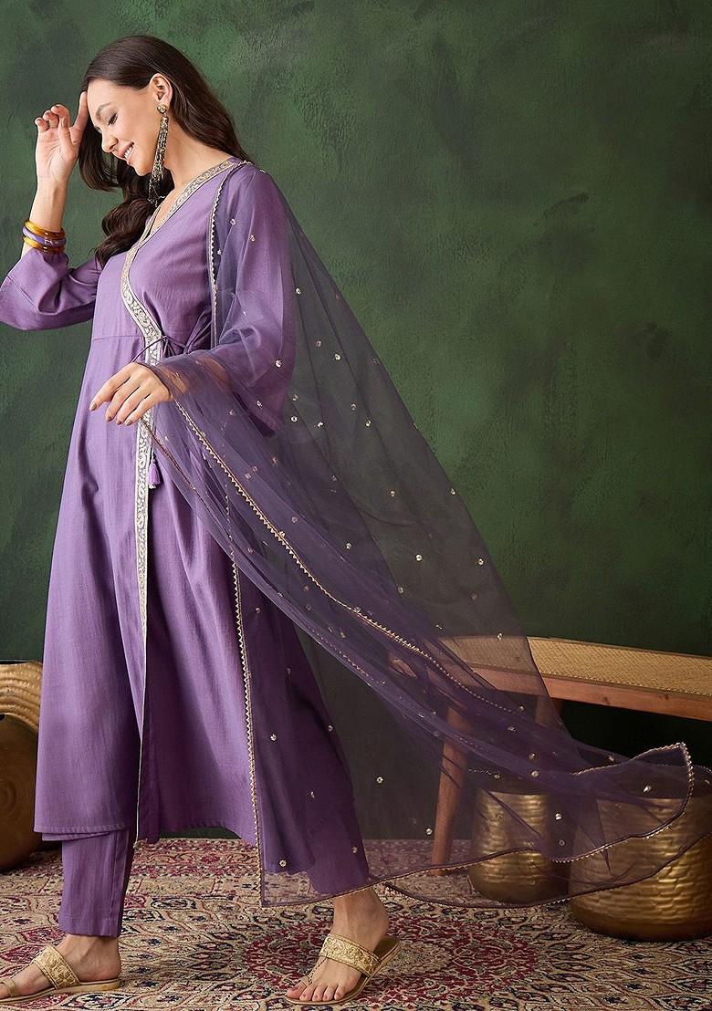Purple Embroidered Blended Kurta Set - Indya
