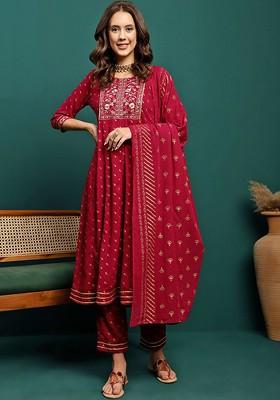 Red Embroidered Blended Kurta Set