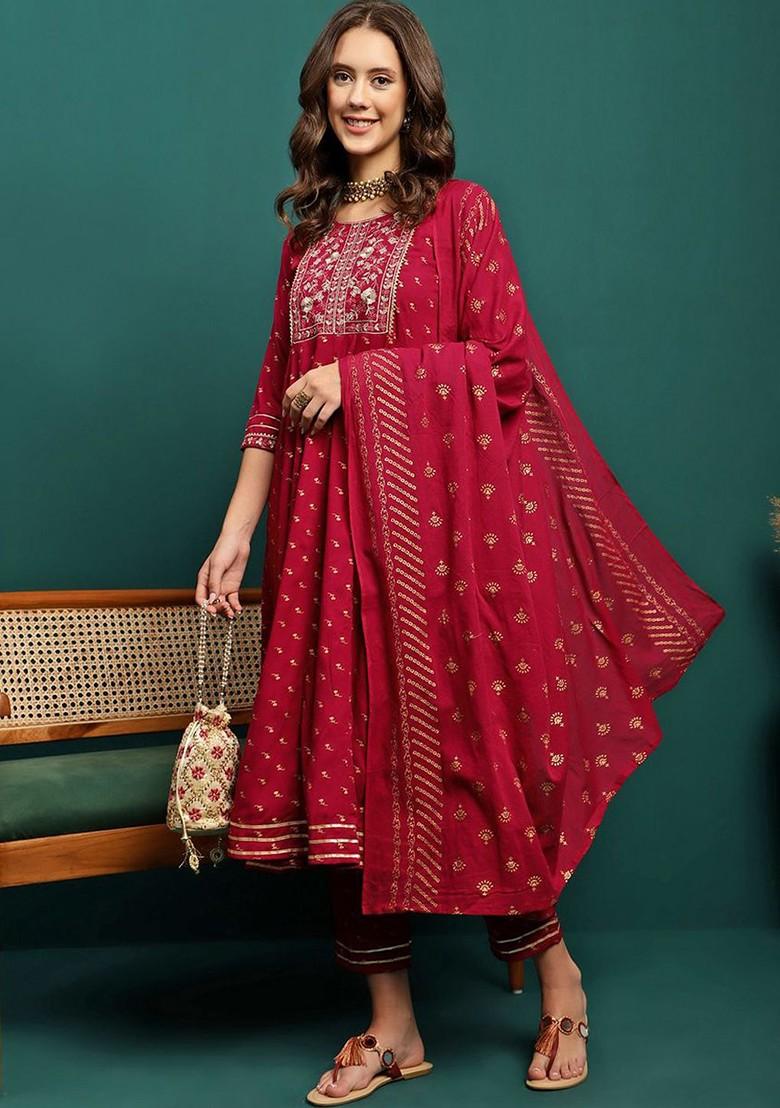 Red Embroidered Blended Kurta Set - Indya