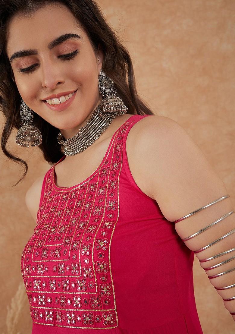 Fuchsia Embroidered Blended Kurta Set - Indya
