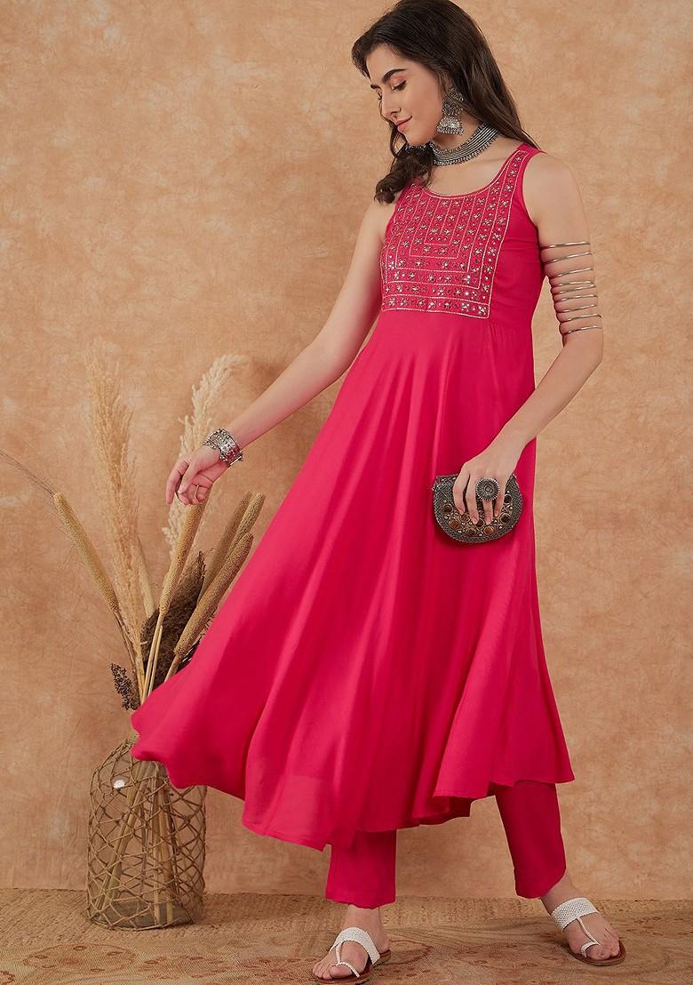 Fuchsia Embroidered Blended Kurta Set - Indya