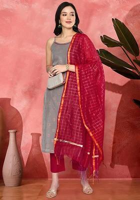 Grey Woven Design Blended Kurta Set