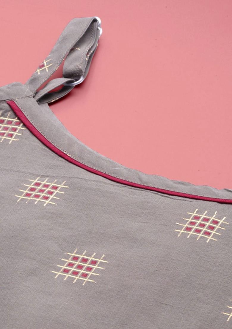 Grey Woven Design Blended Kurta Set - Indya