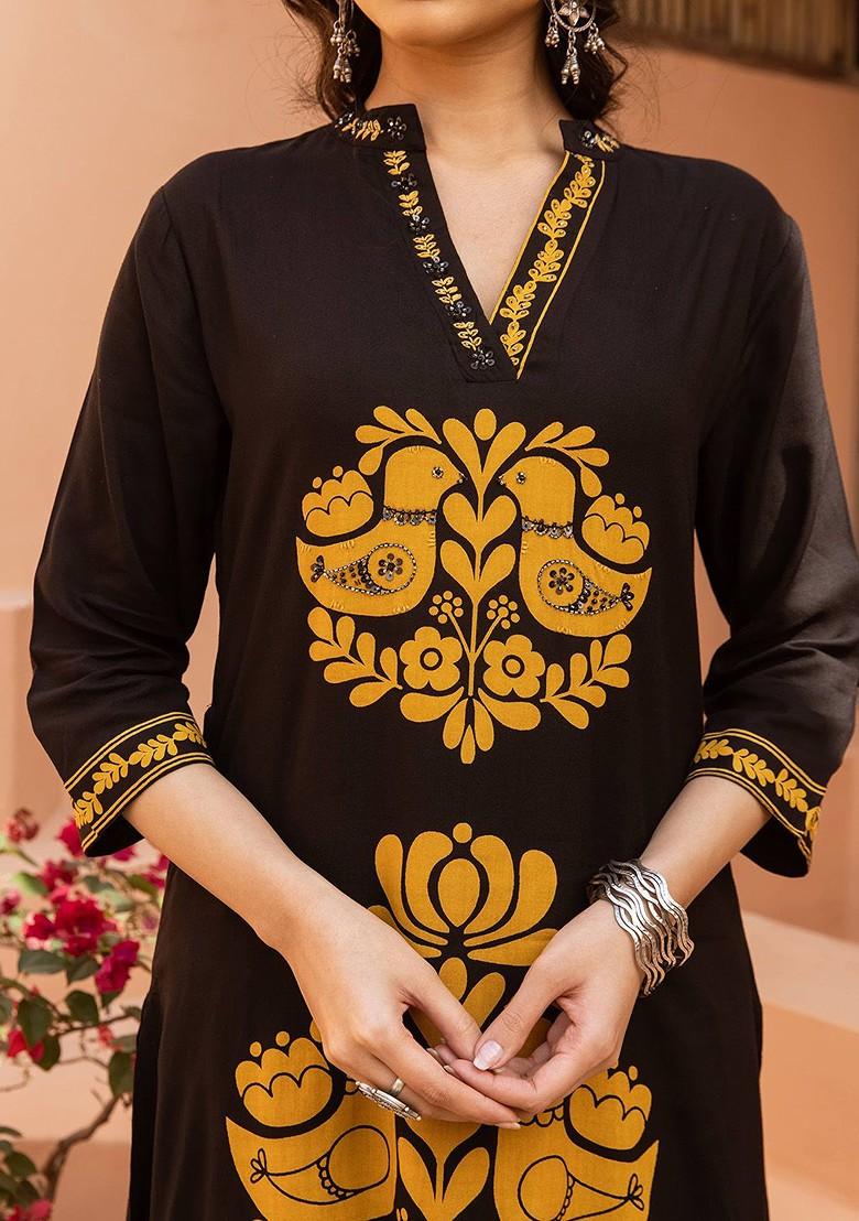 Black Printed Blended Kurta Set - Indya