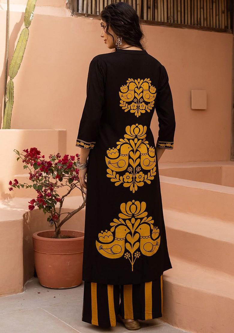 Black Printed Blended Kurta Set - Indya