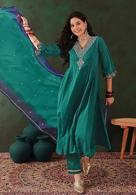 Green Embroidered Blended Kurta Set