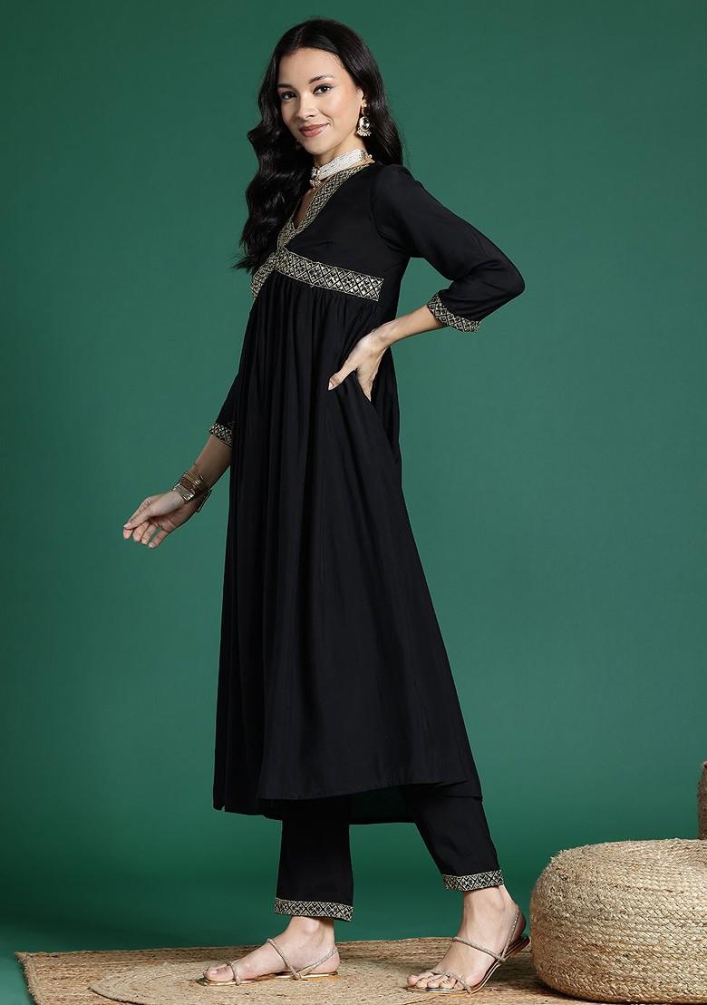 Black Sequinned Blended Kurta Set - Indya