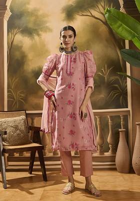 Peach Printed Blended Kurta Set