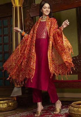 Magenta Embroidered Blended Kurta Set