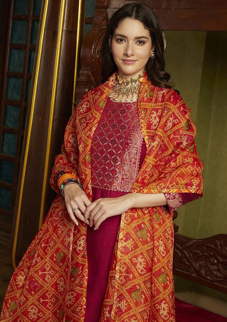 Magenta Embroidered Blended Kurta Set - Indya