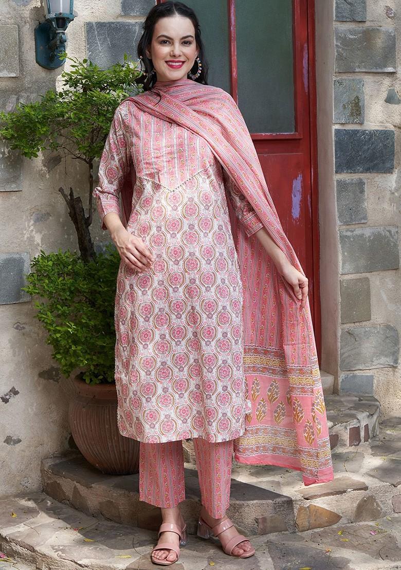 Peach Printed Blended Kurta Set - Indya