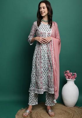 Sea Green Printed Blended Kurta Set