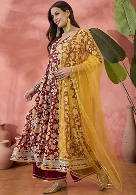 Rust Printed Blended Kurta Set