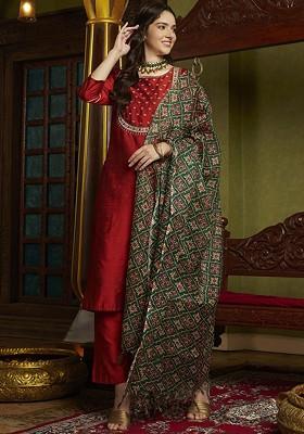 Rust Embroidered Blended Kurta Set