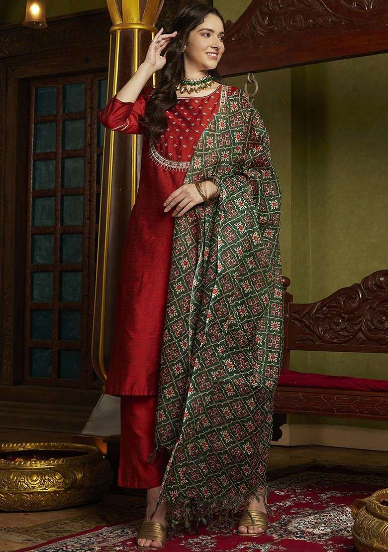 Rust Embroidered Blended Kurta Set - Indya
