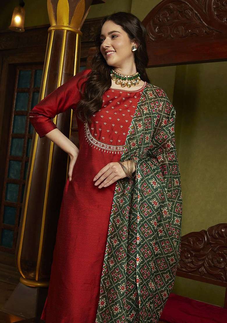 Rust Embroidered Blended Kurta Set - Indya