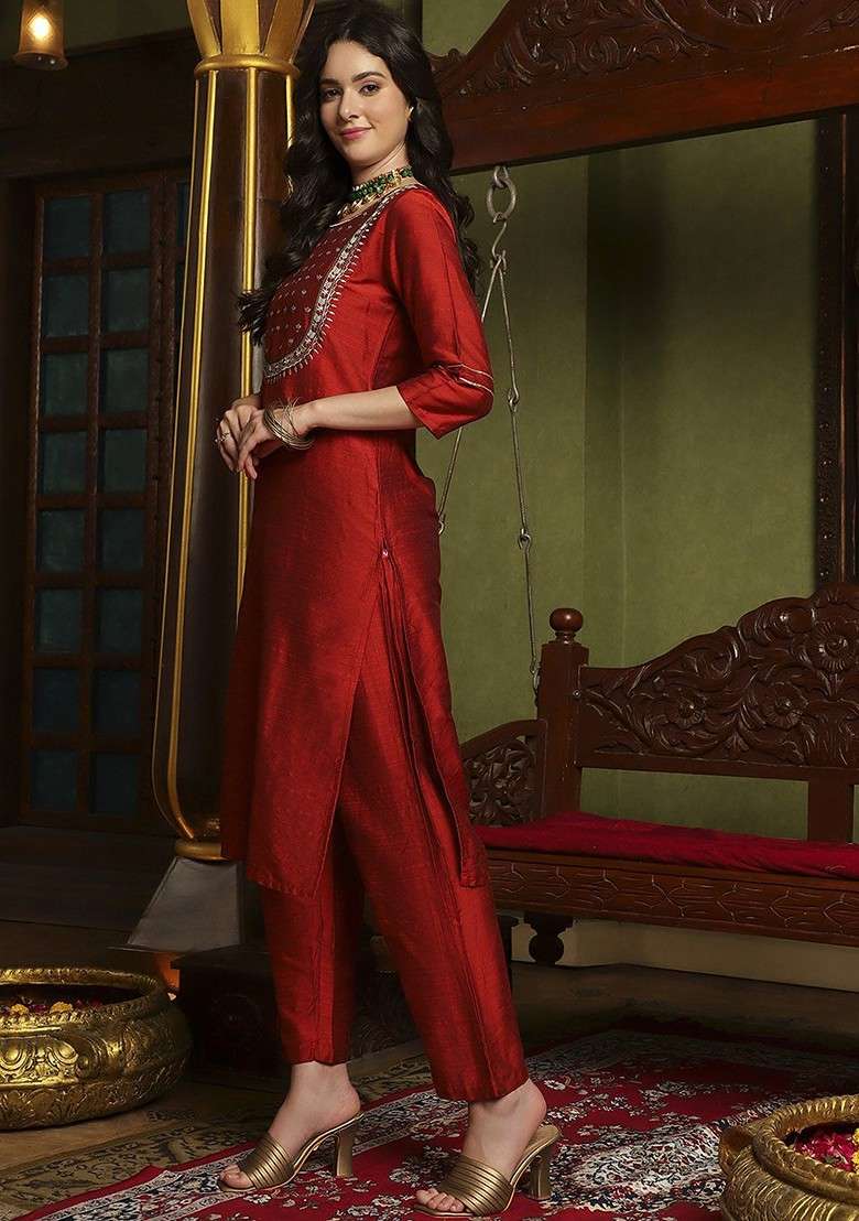 Rust Embroidered Blended Kurta Set - Indya