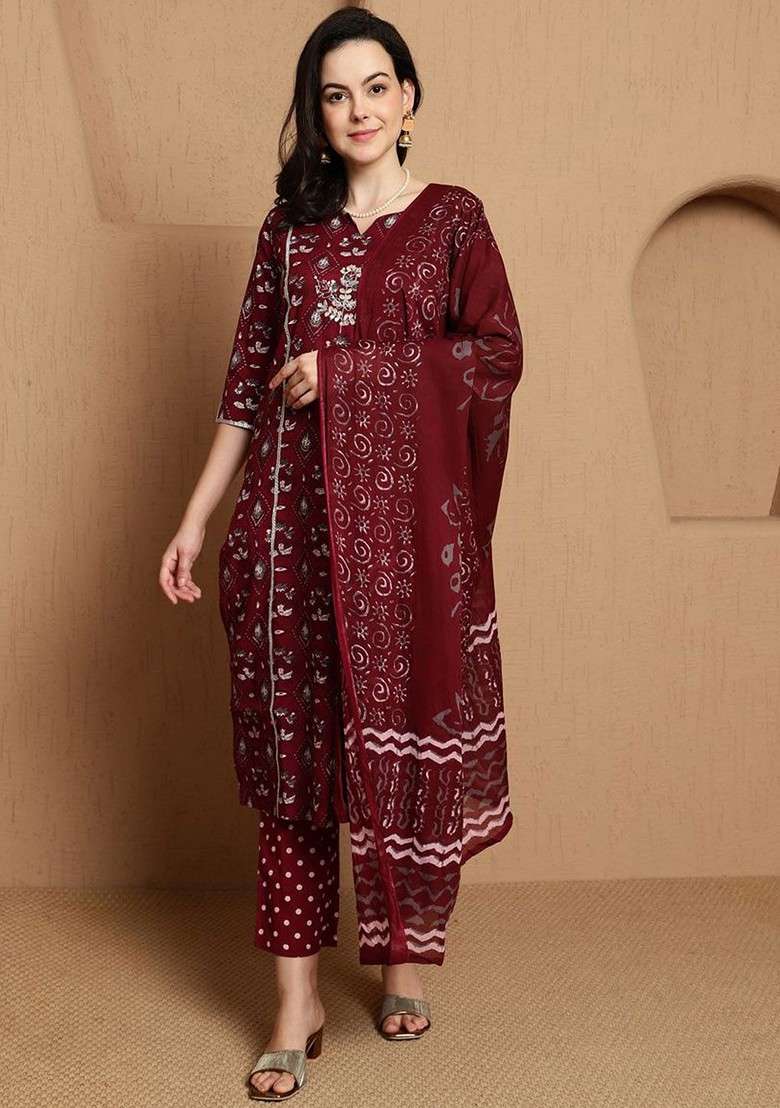 Maroon Printed Blended Kurta Set - Indya