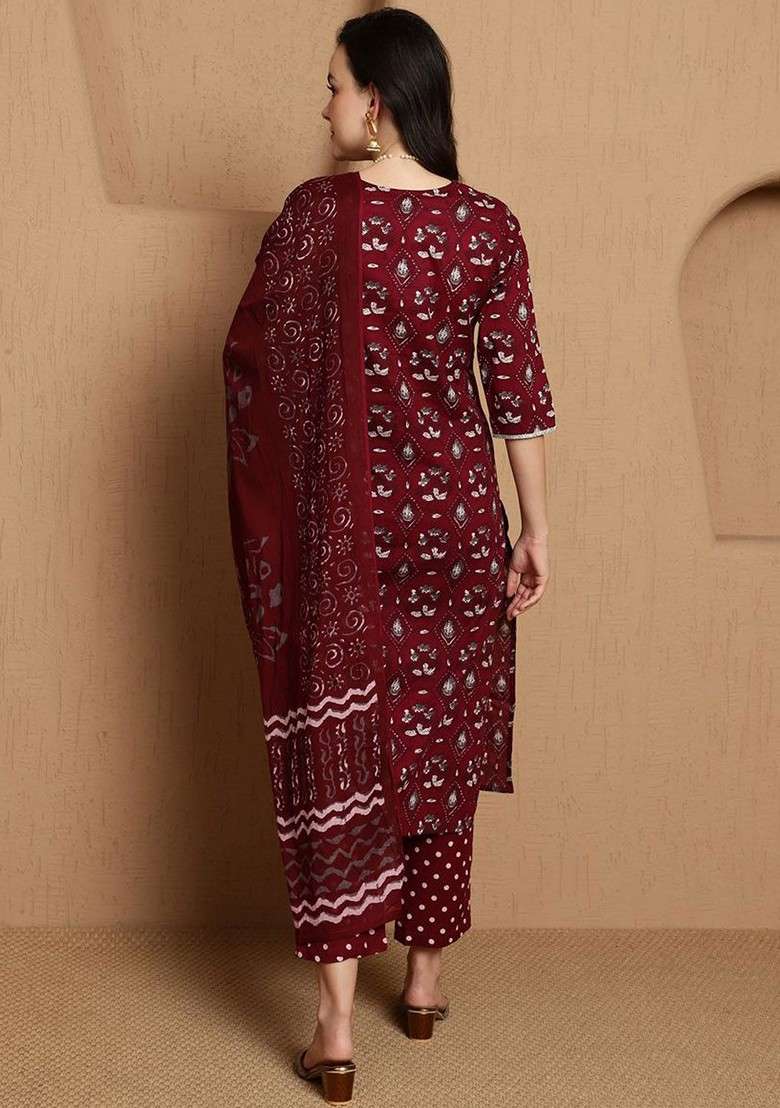 Maroon Printed Blended Kurta Set - Indya
