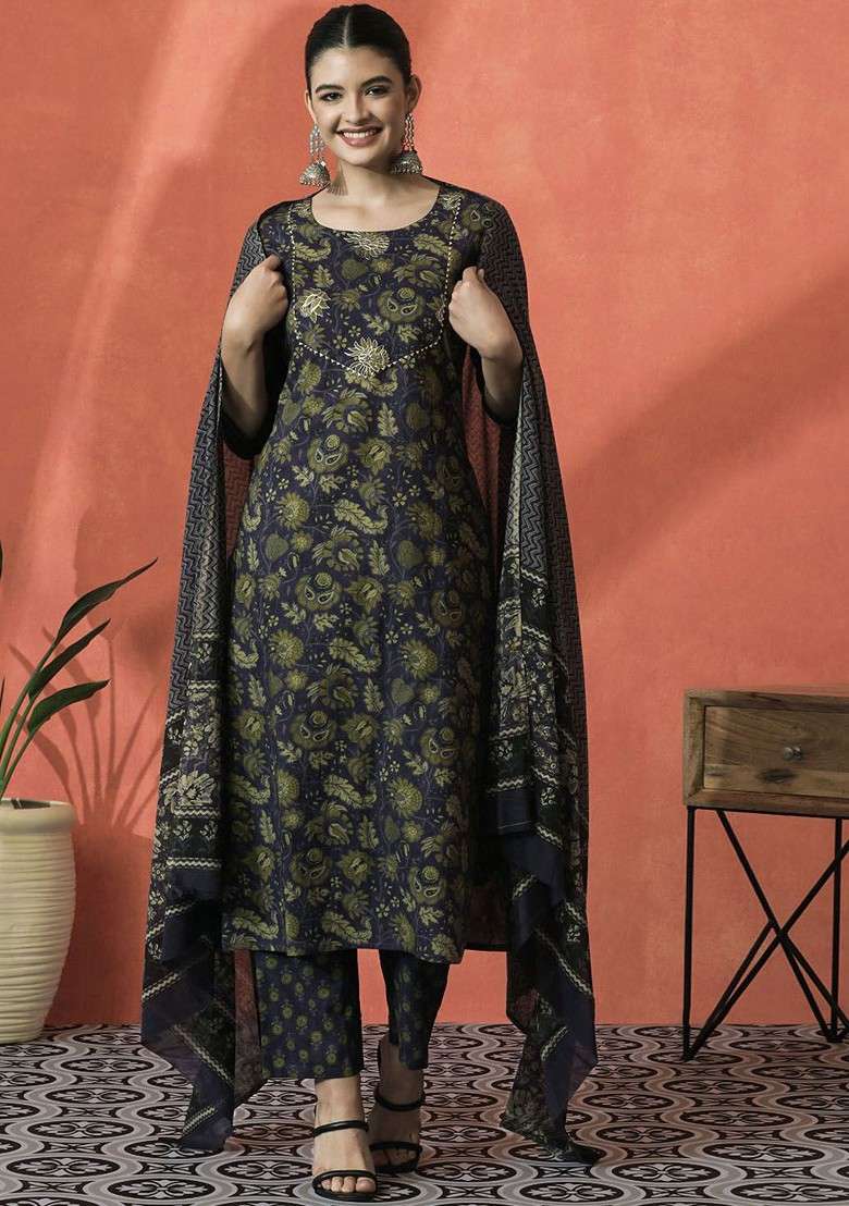 Purple Printed Blended Kurta Set - Indya