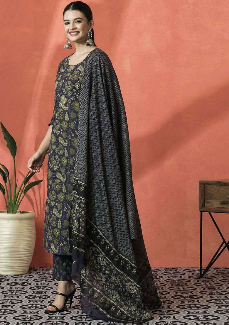 Purple Printed Blended Kurta Set - Indya