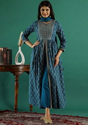 Blue Printed Blended Kurta Set