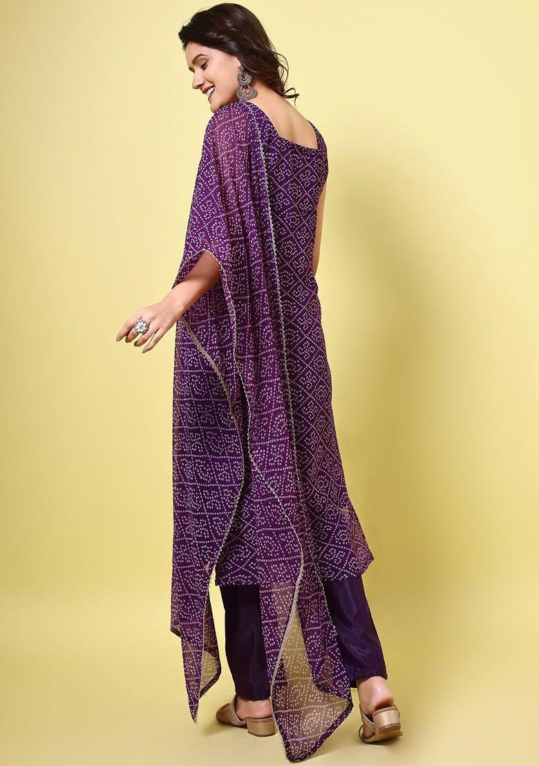 Purple Printed Blended Kurta Set - Indya