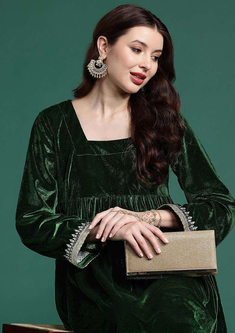Green Solid Blended Kurta Set - Indya