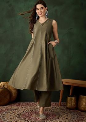 Olive Embroidered Blended Kurta Set