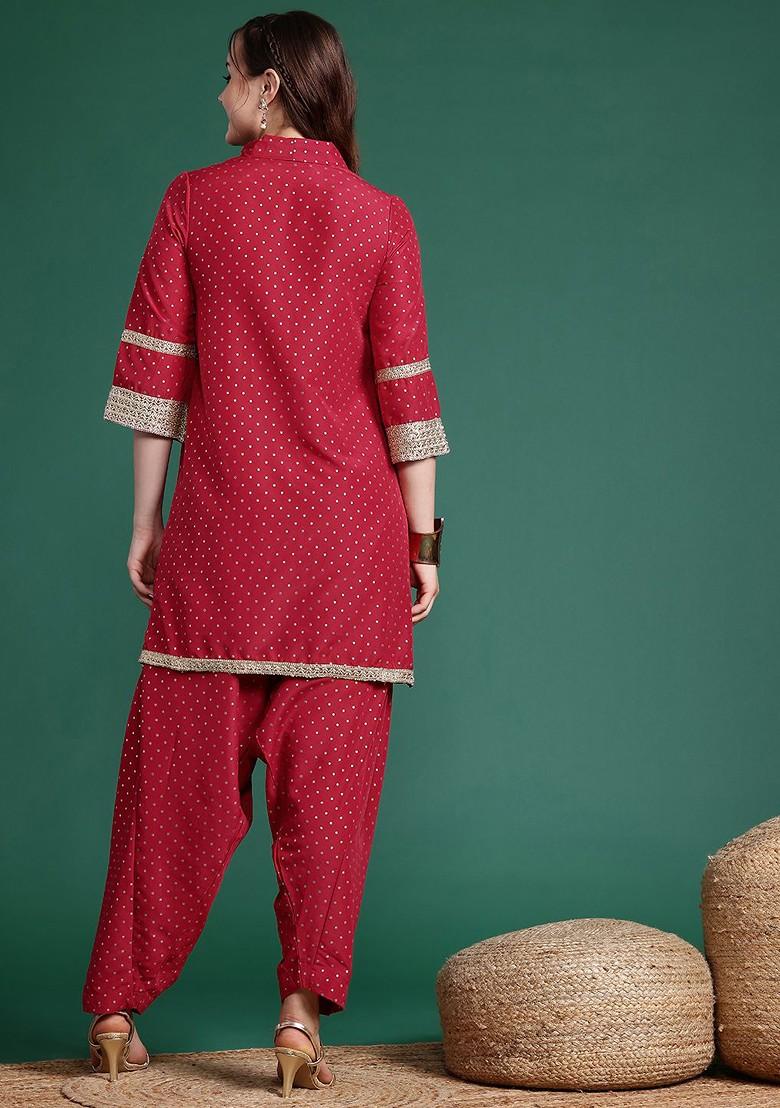 Red Printed Blended Kurta Set - Indya