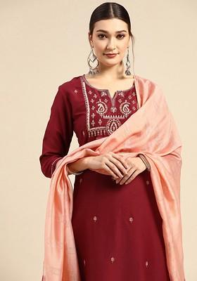 Red Embroidered Blended Kurta Set